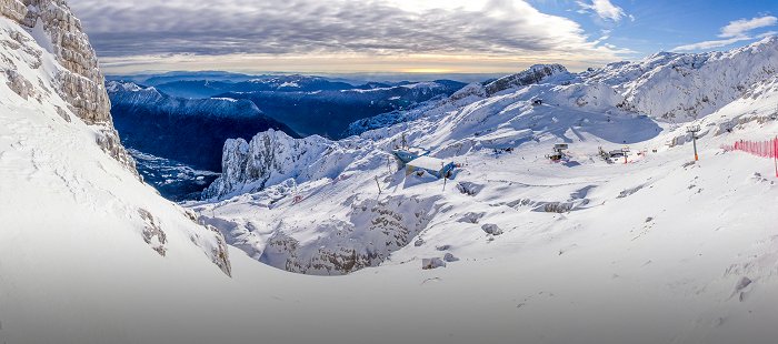 Panoramic view from the Kanin ski resort to the Adriatic Sea